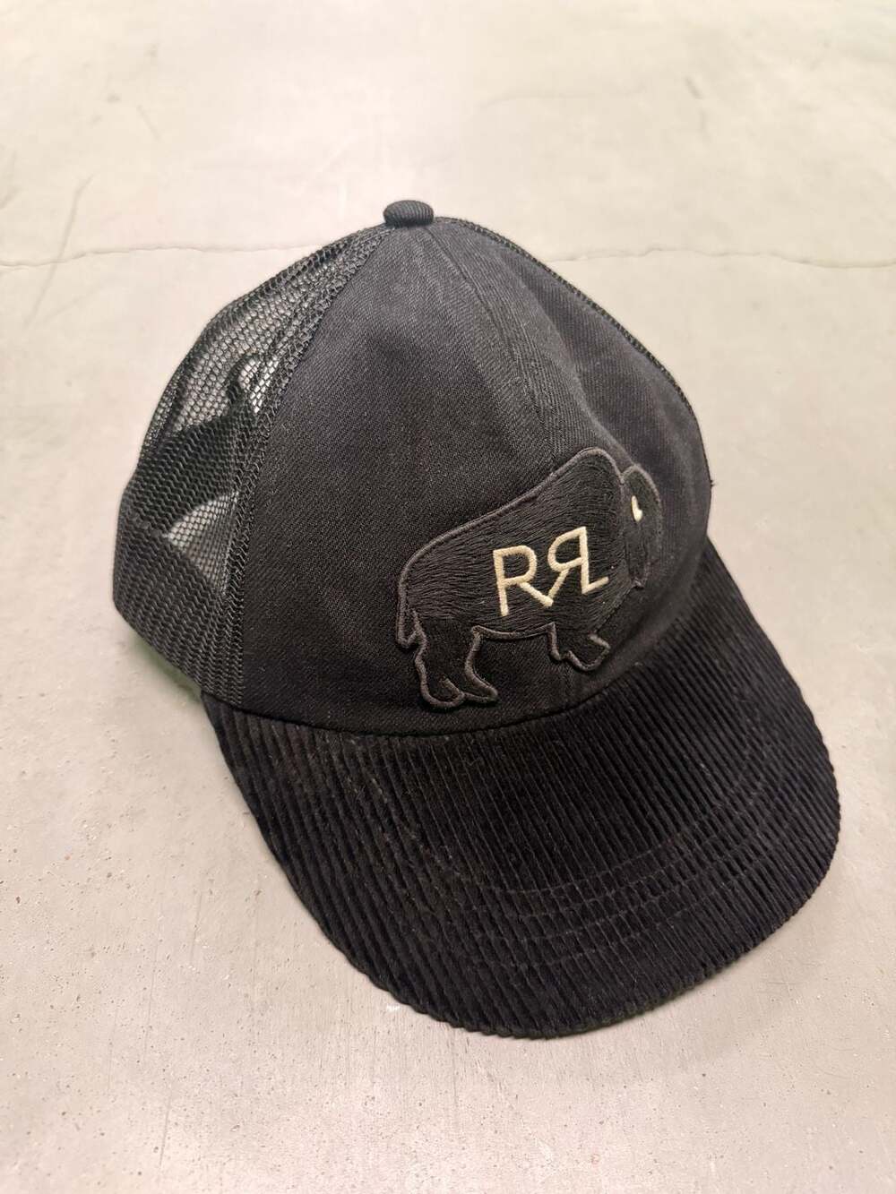 RRL Ralph Lauren Buffalo Logo Patch Corduroy Bill Trucker Hat Black One Size